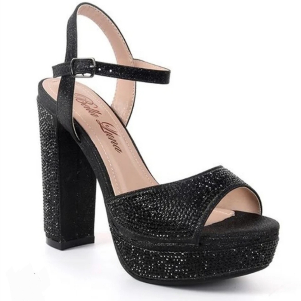 BELLA LUNA | Open Toe Chunky Heel Rhinestone Glitter Sandals | Size Womens 7.5